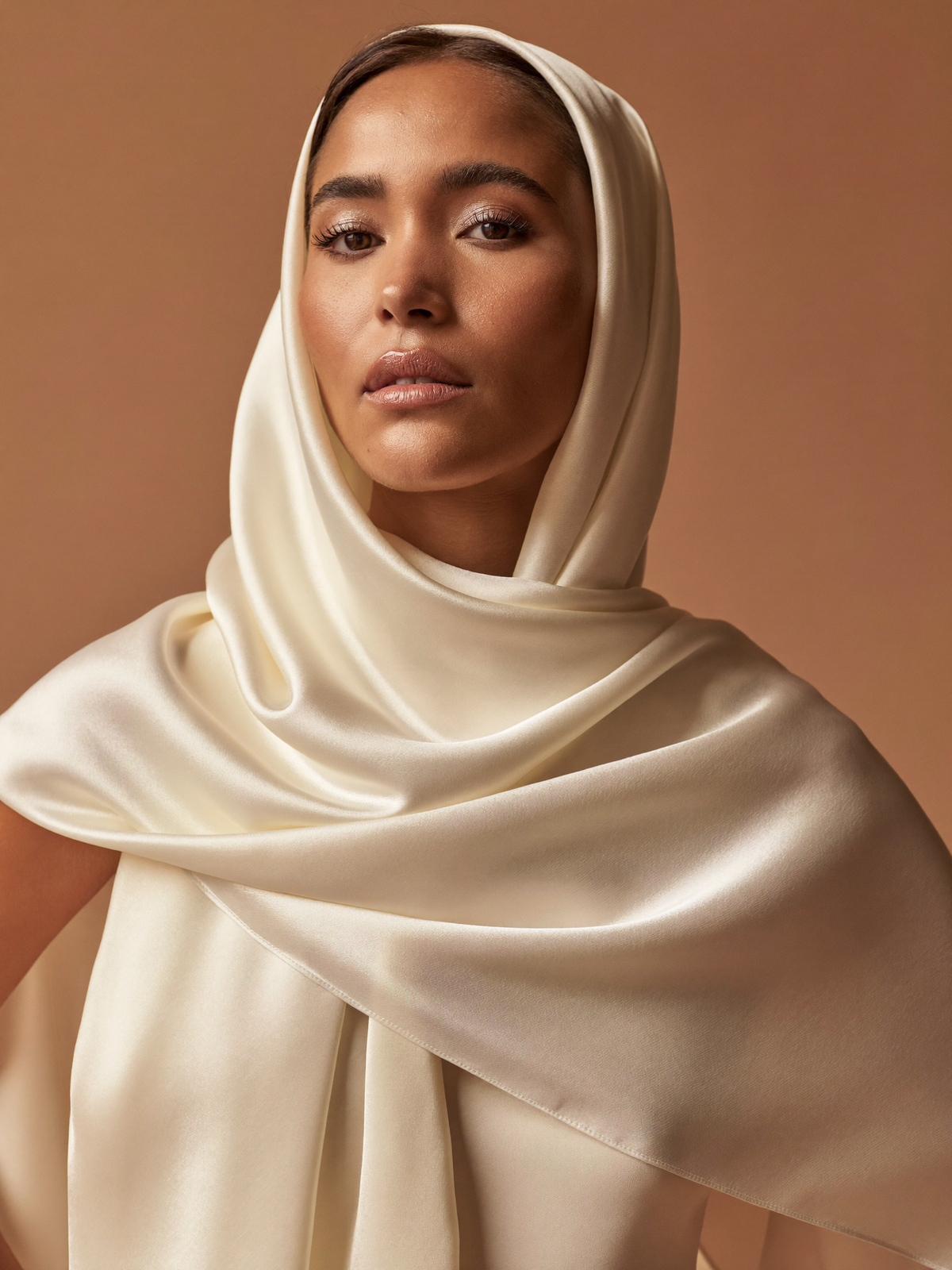 Silk Crêpe Hijab worn by Amina, ivory
