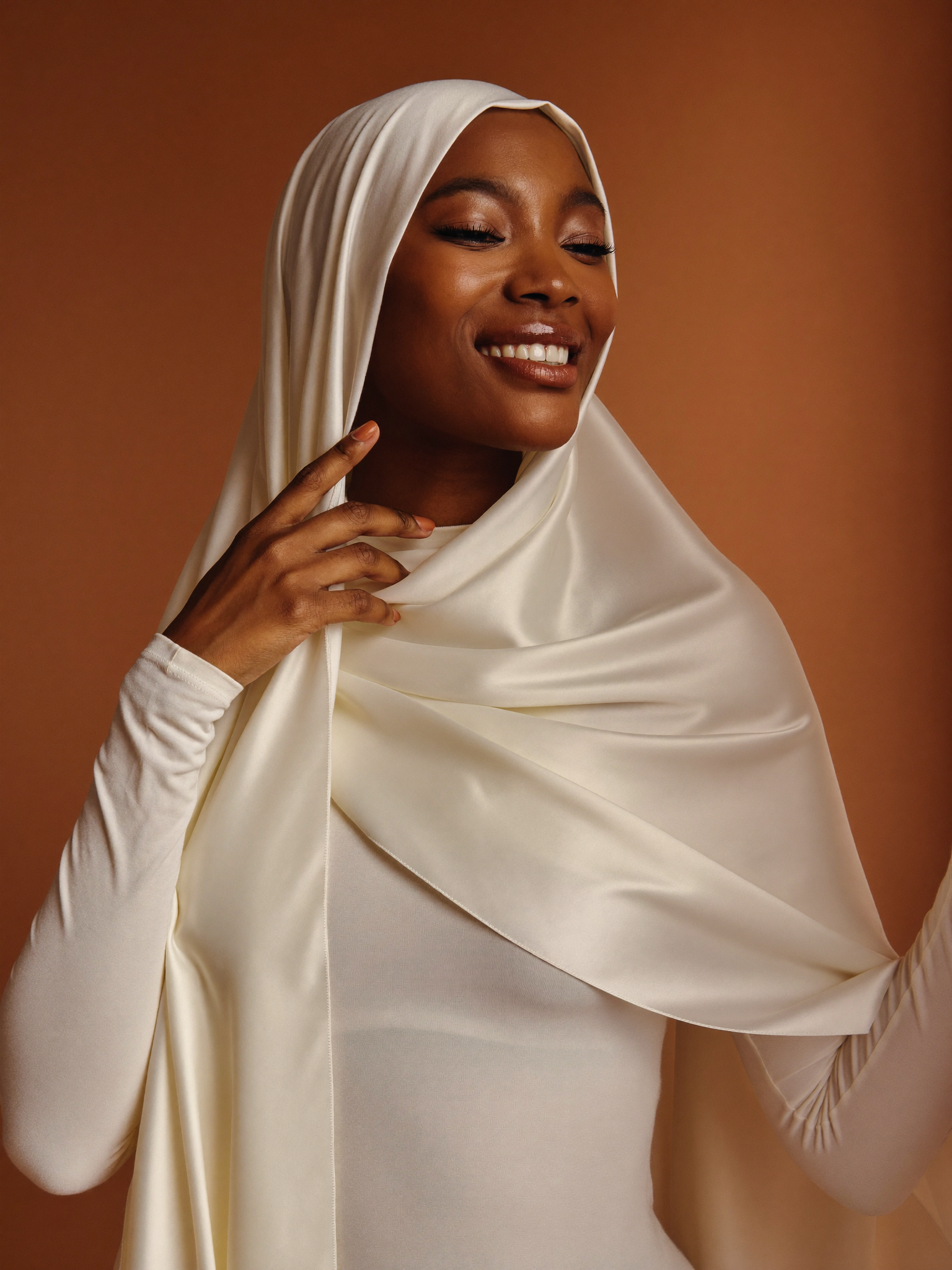 Silk Crêpe Hijab worn by Khadija, ivory