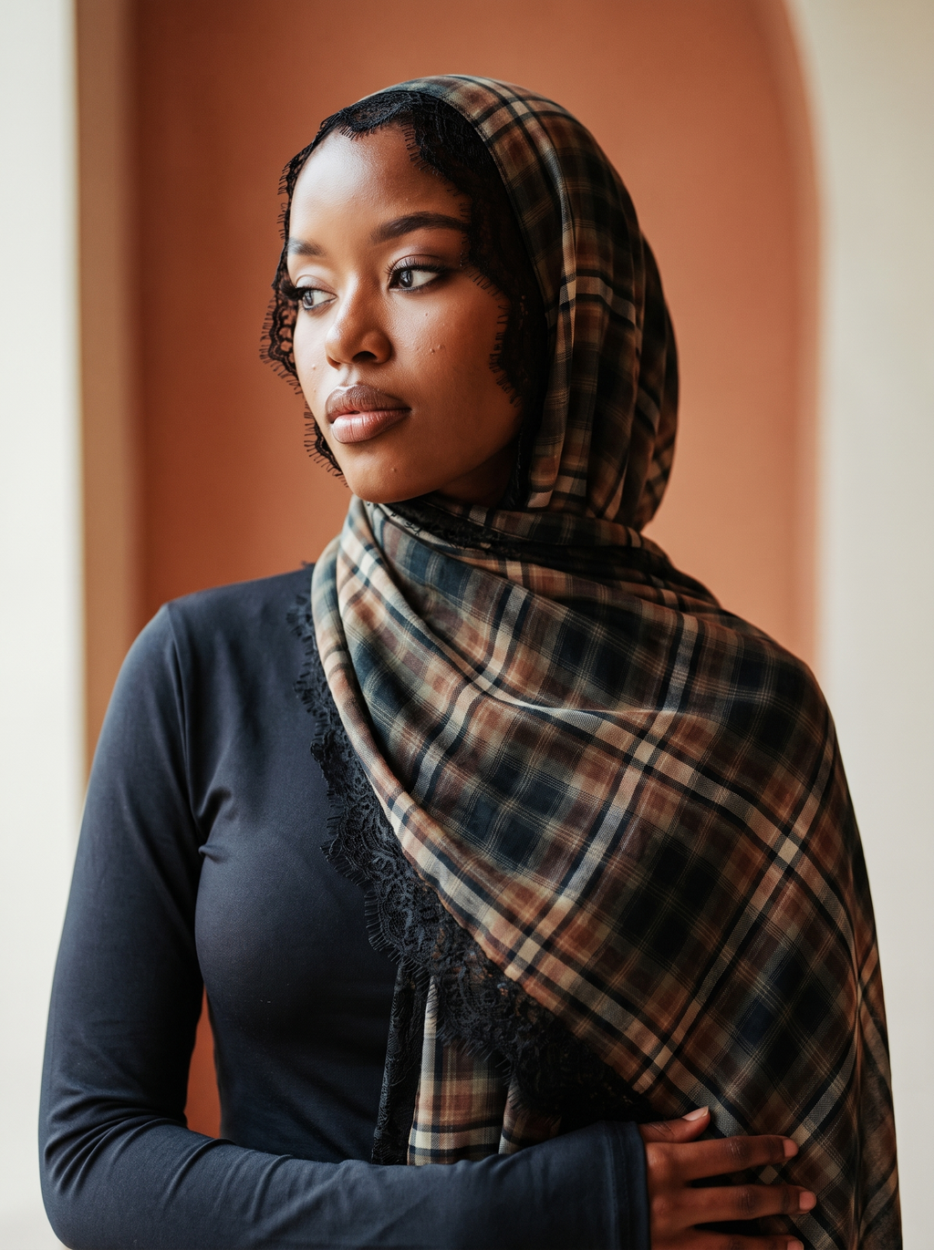 Ethnic plaid lace scarf worn by Zainab