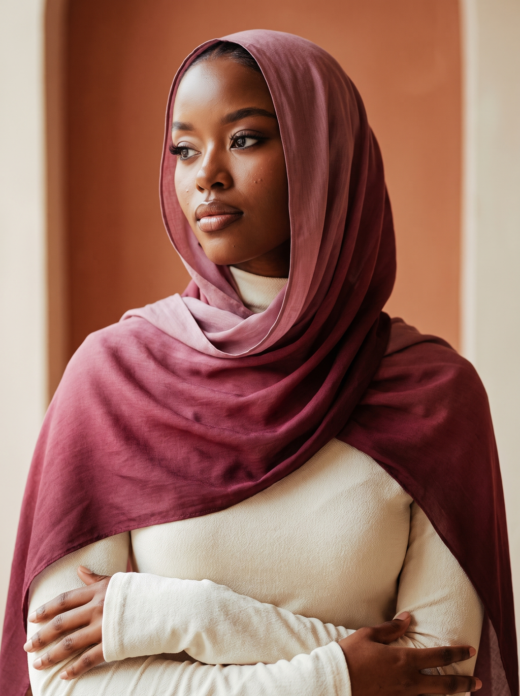 Hand-painted gradient scarf worn by Zainab