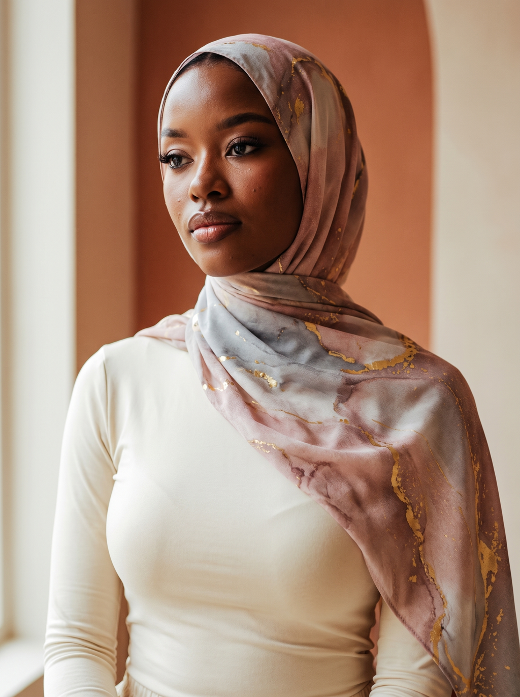 Watercolor pattern headscarf worn by Zainab