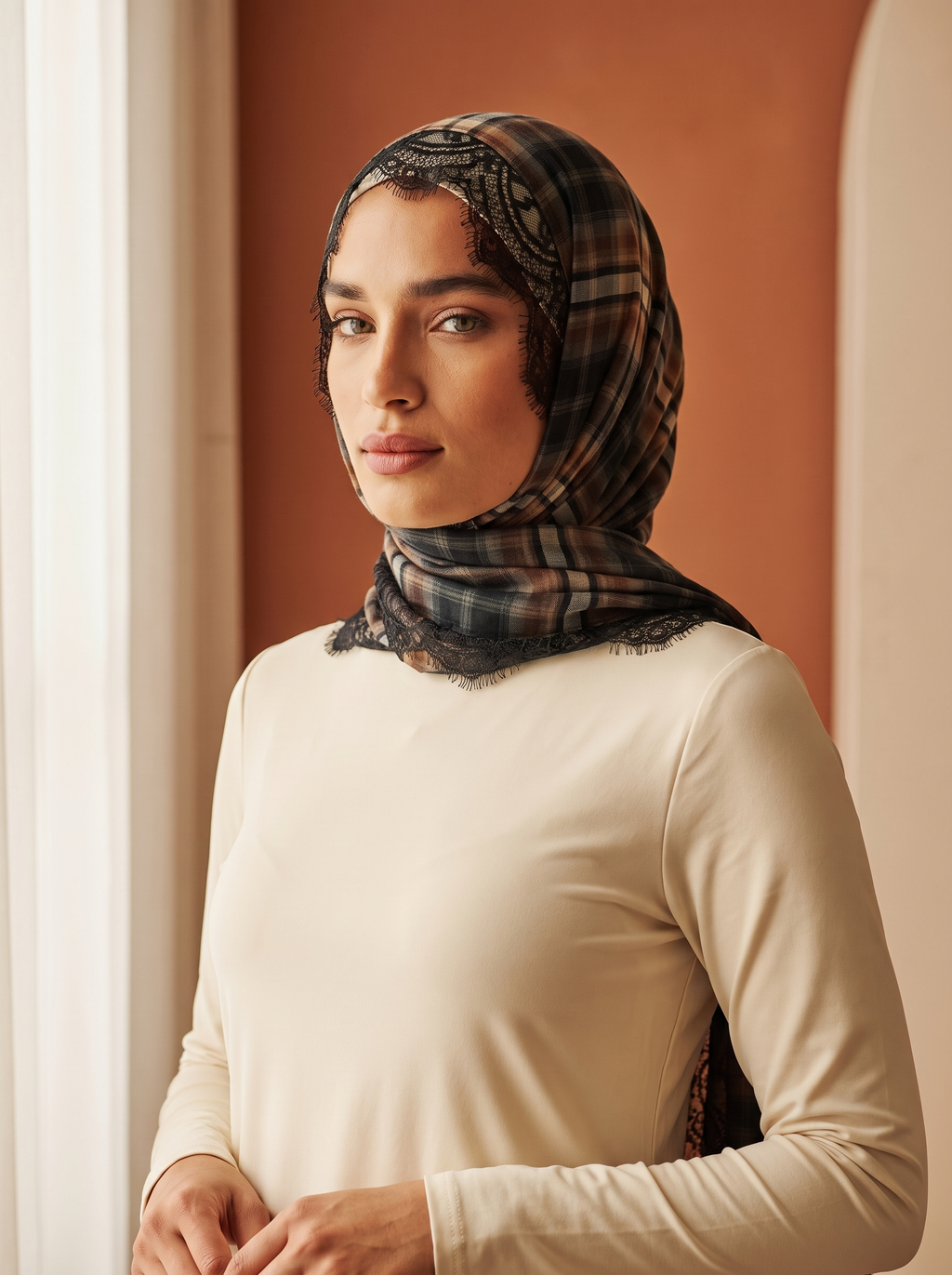 Ethnic plaid lace scarf worn by Amina