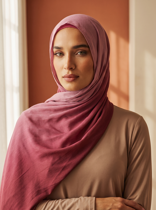 Hand-painted gradient scarf worn by Amina