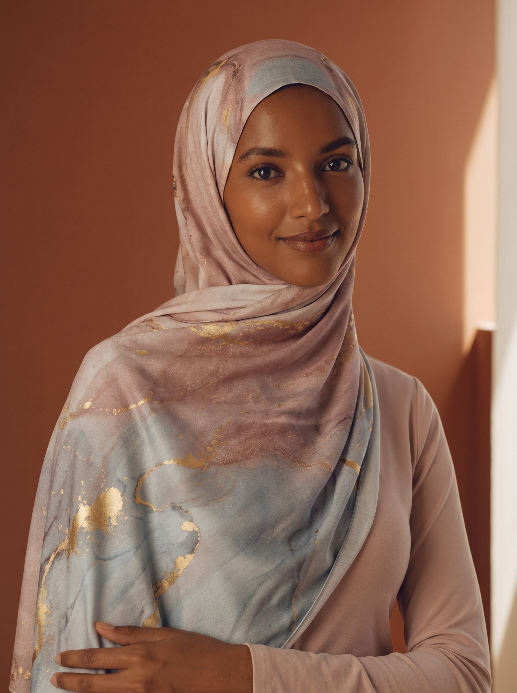 Watercolor hijab worn by Fatima