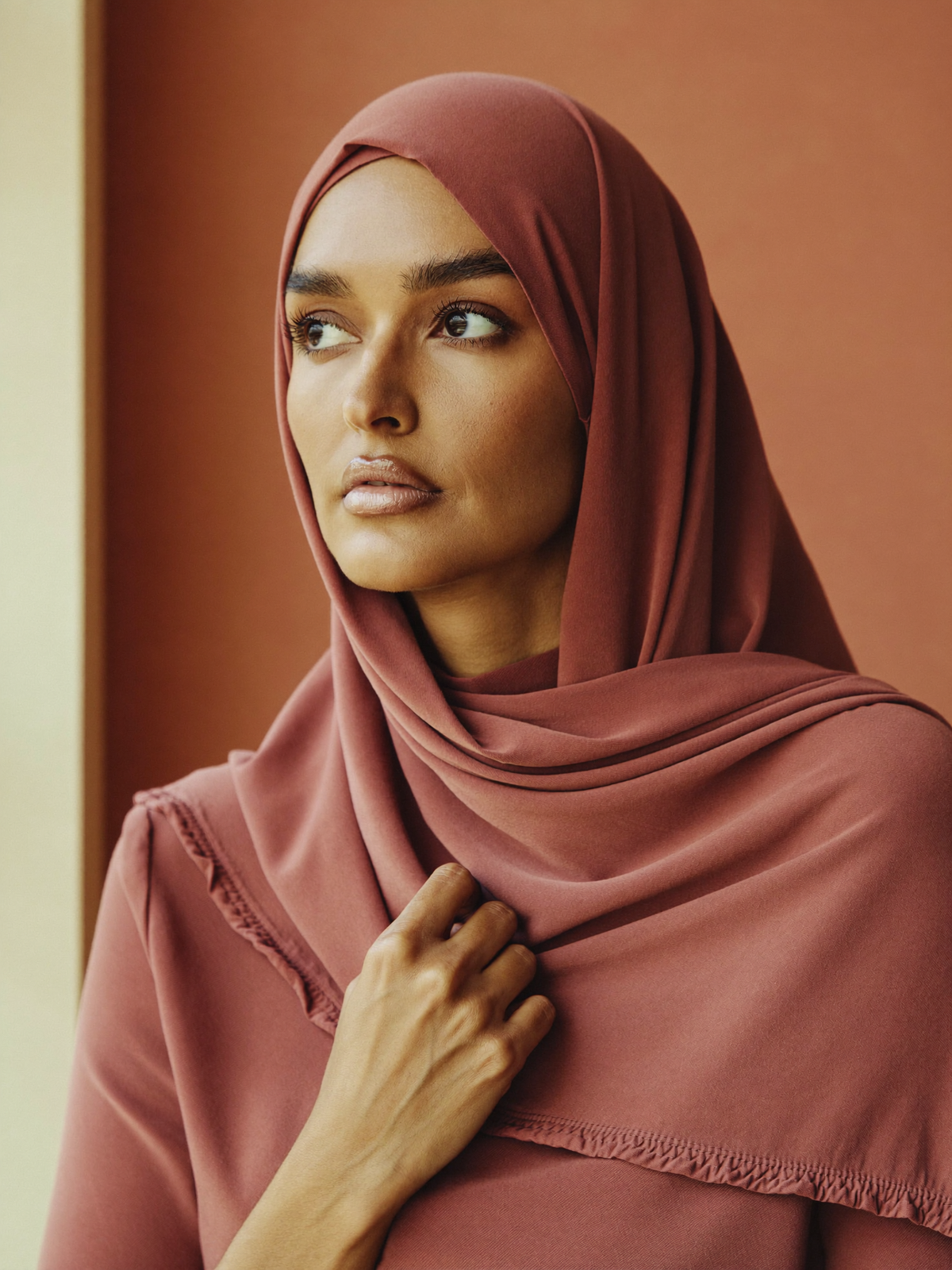 Rolled-edge mercerized cotton scarf worn by Amina, dusty rose