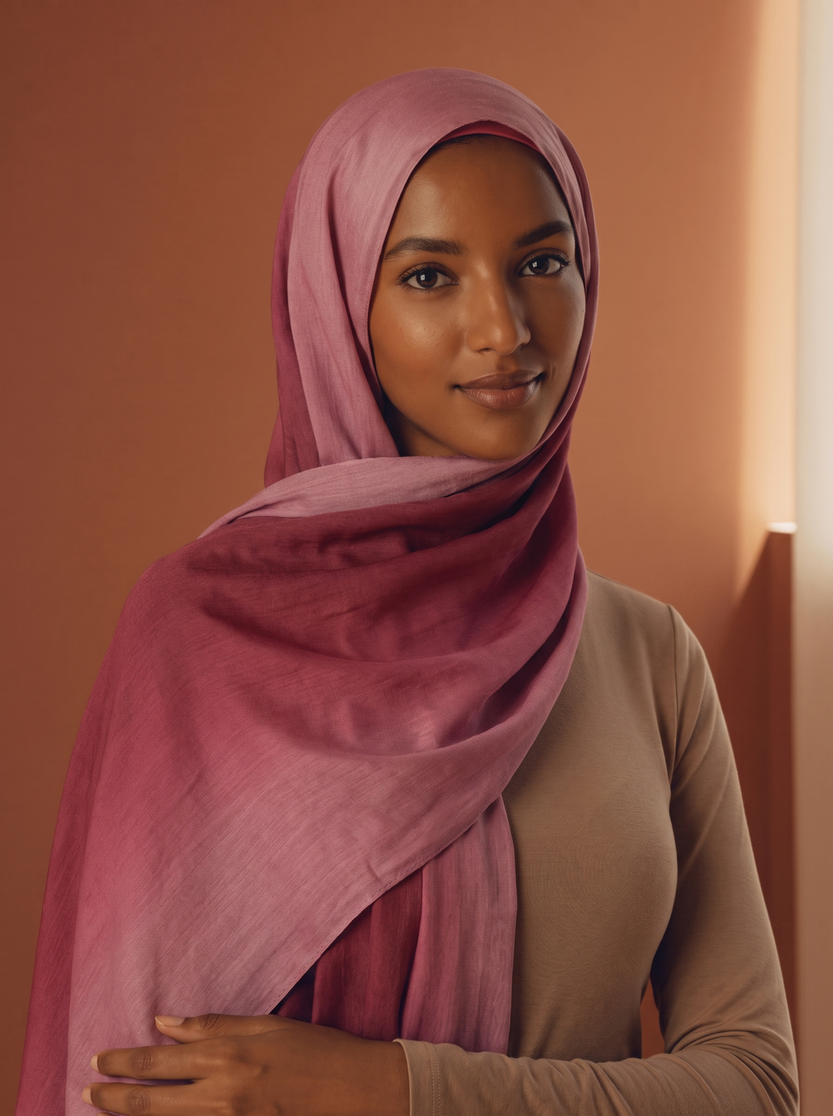 Hand-painted gradient scarf worn by Fatima