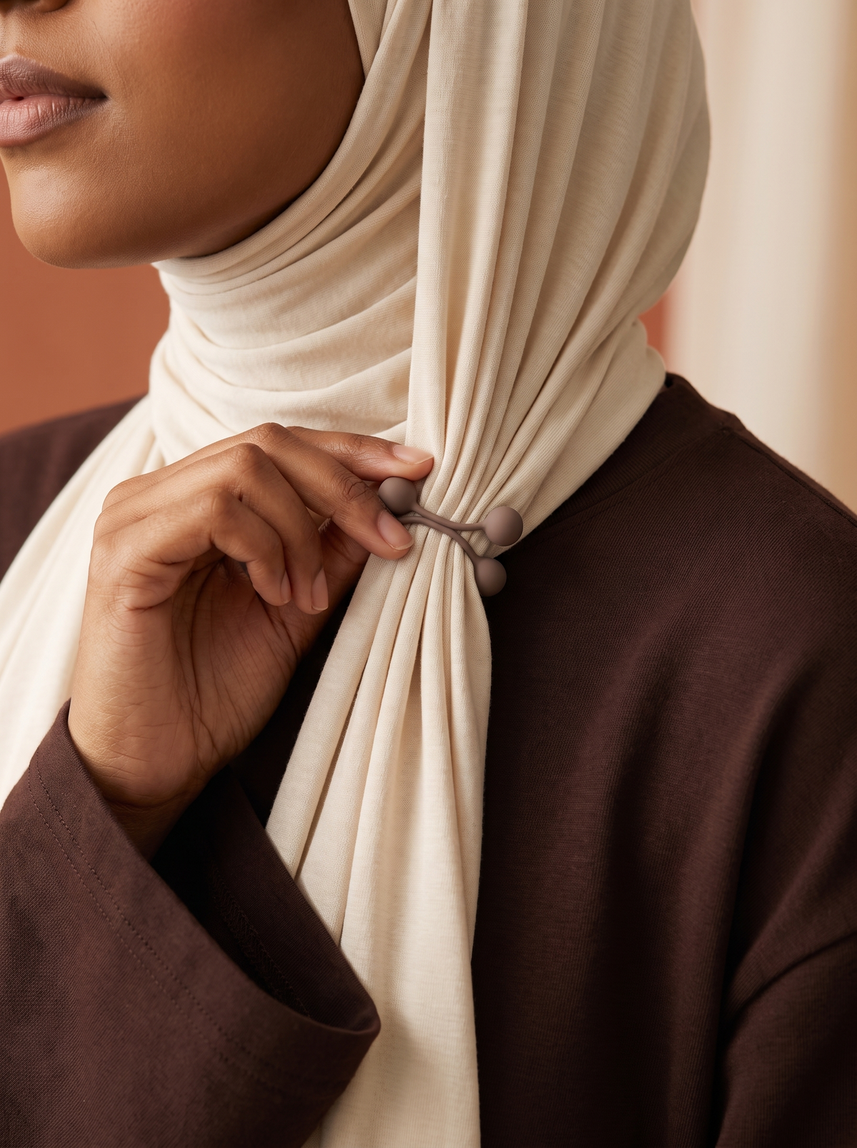 Matte rubbery bead clip on cream hijab, Fatima detail