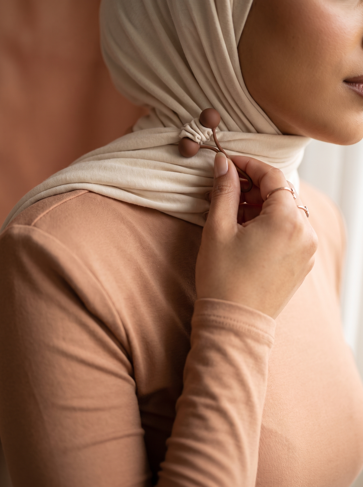 Matte rubbery bead clip on cream hijab, Amina detail