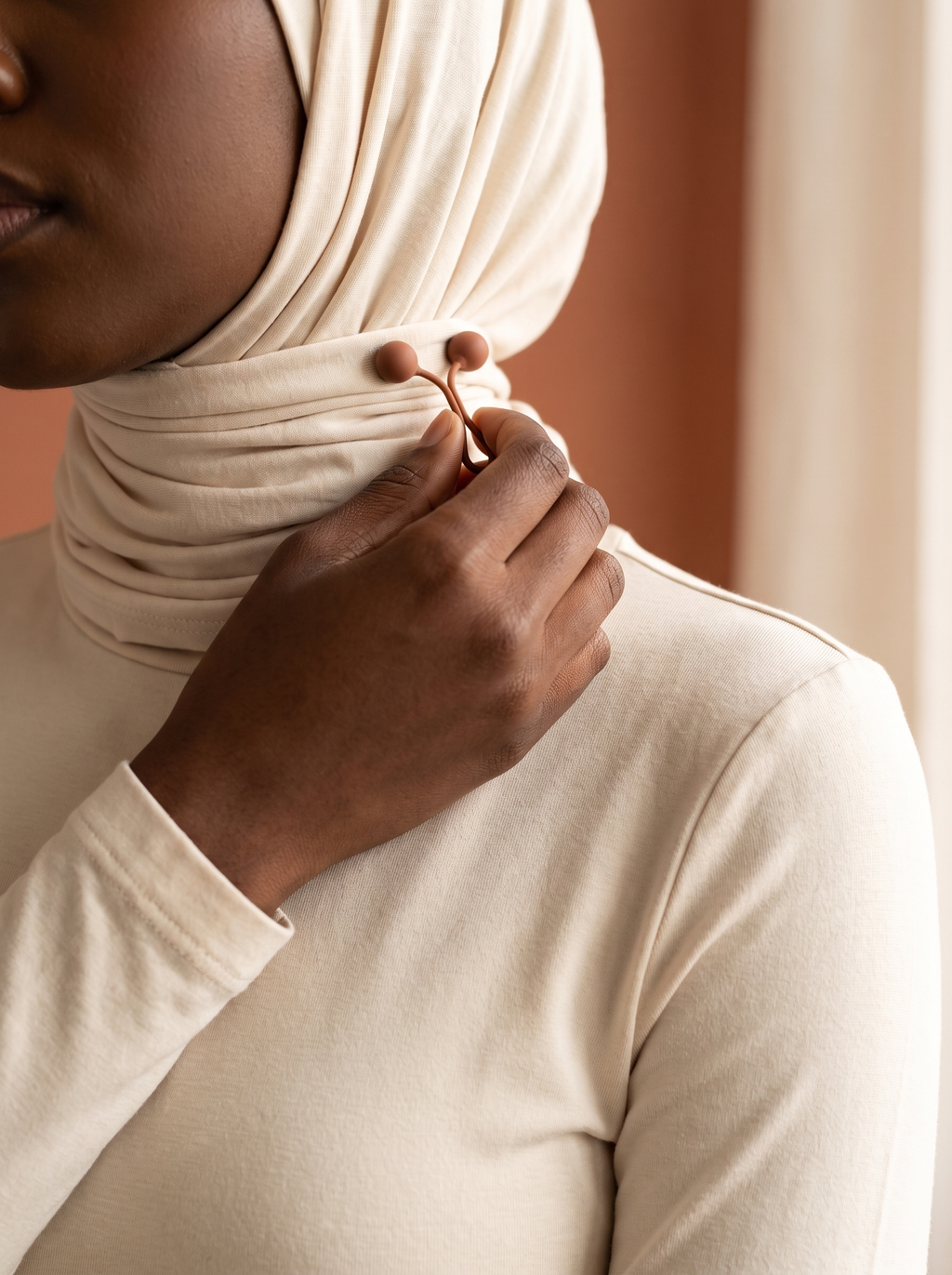Matte rubbery bead clip on cream hijab, Zainab detail