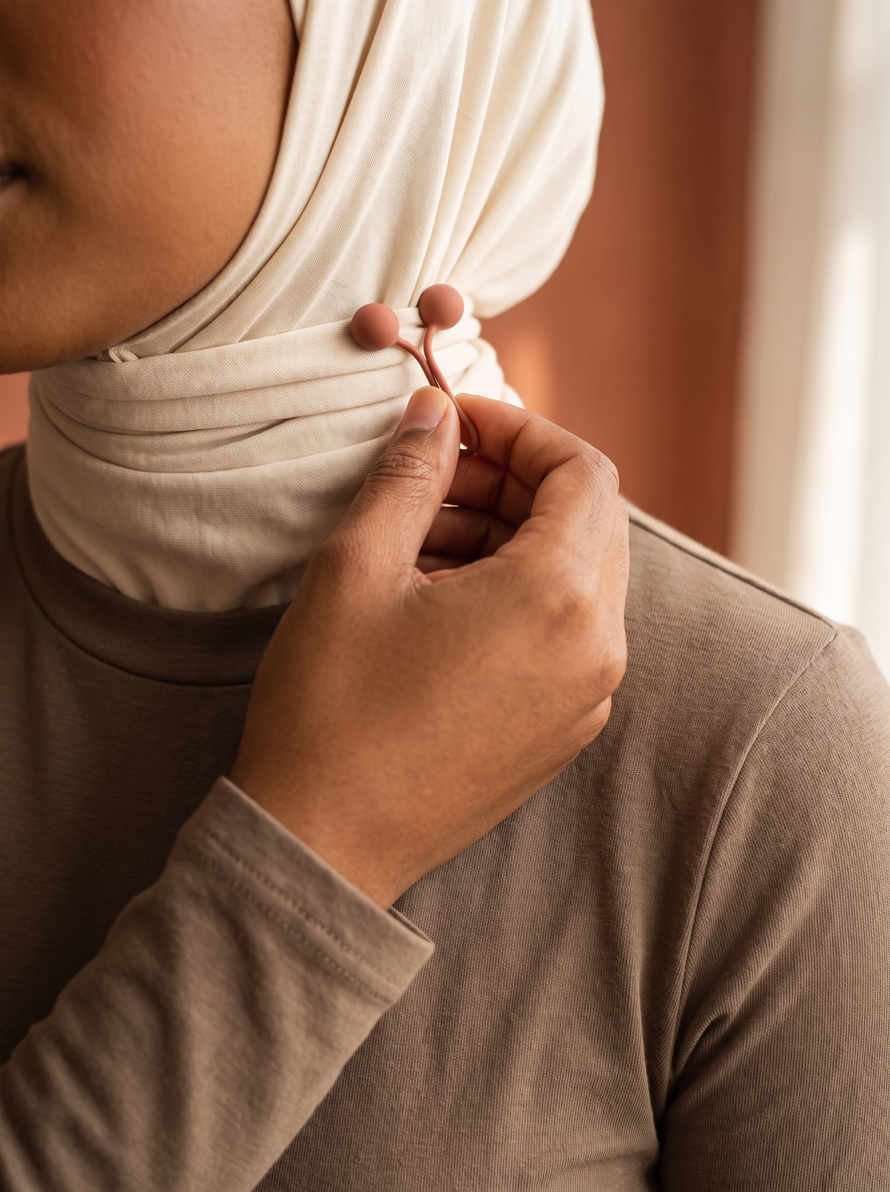 Matte rubbery bead clip on cream hijab, Khadija detail