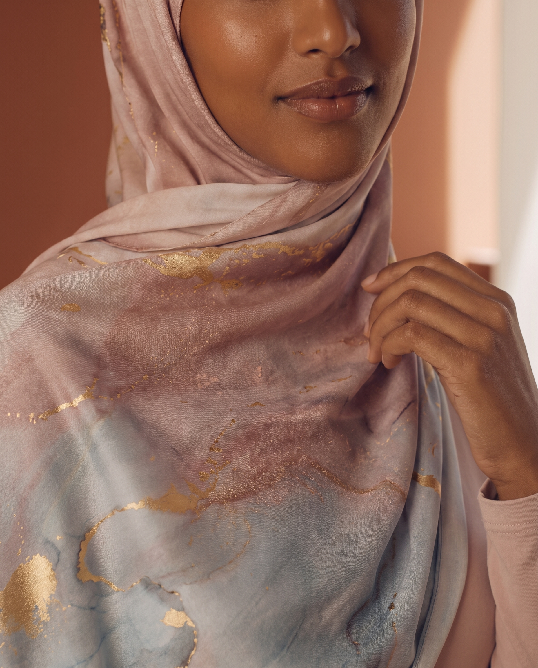 Watercolor Print Hijab worn by Amina
